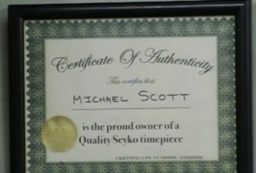 Michael Scott Seiko Certificate